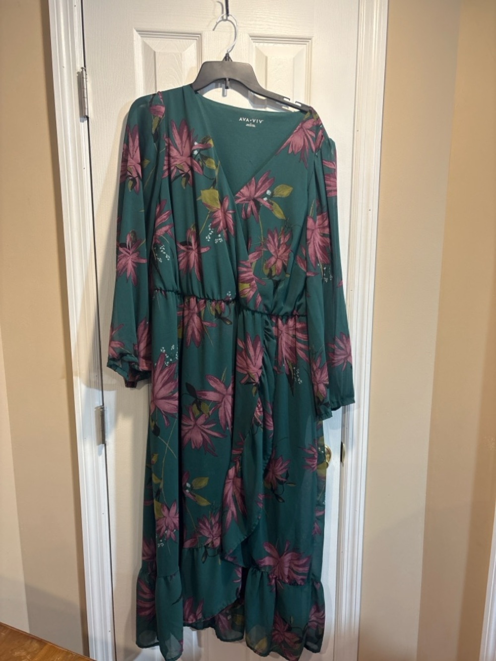 Ava & Viv Green Floral Faux-Wrap Midi Dress Cottagecore Boho Romantic - Picture 2 of 7